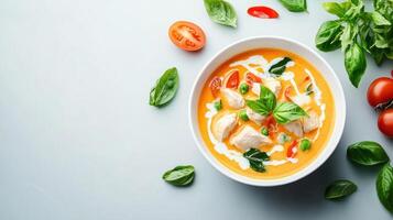 Red curry with chicken and vegetables, in a bowl, on a gray background for restaurant menu photo