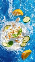 Refreshing dip with cucumber and lemon in water splash, culinary delight, summer cuisine photo