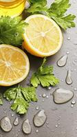 Refreshing lemon slices and herbs with water droplets on a stone surface for a natural, vibrant feel photo