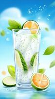 Refreshing lime beverage with ice in a glass under a blue sky. For commercial use photo