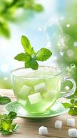Refreshing mint drink on wood table with bokeh effect background, suitable for a cool beverage ad photo