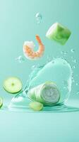 Refreshing skincare shrimp, cucumber, and lime in a splash on a turquoise background. Use Beauty photo