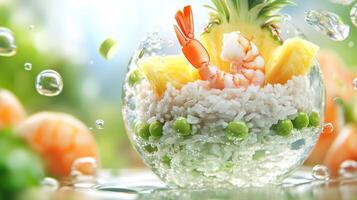 Refreshing shrimp, pineapple and rice salad served outdoors with water droplets, perfect for summertime photo