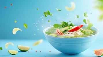 Refreshing soup presentation with herbs, peppers lime, floating on light blue background photo