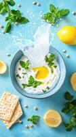 Refreshing yogurt splash in a bowl with mint, lemon, and crackers on a cool-colored background photo