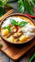 Rice, beef and potato curry in a wooden bowl with chopsticks. Food photography for a menu photo