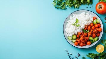 Rice bowl with cooked vegetables healthy meal preparation on blue background for website use photo