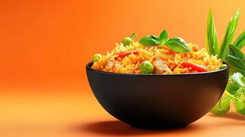 Rice bowl with peas, carrots and basil on a colorful background for an appealing commercial photo