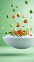 Rice Bowl with Vegetables and Chicken. Balanced nutritious meal for lunch, dinner, or diet concept photo
