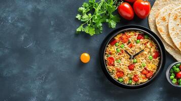 Rice dish in clock shape with toppings on a table, flat lay. Food blog or recipe use photo
