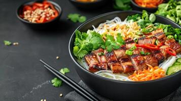Rice noodle salad with grilled beef in bowl. Herbs, vegetables, and sauce add flavor on the background photo