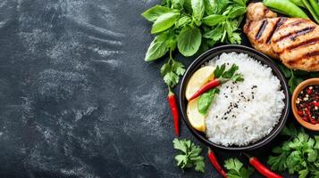 Rice with grilled meat, vegetables, and spices on a dark table. Possible food blog header photo