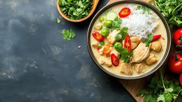 Rice with chicken curry in a bowl, placed on a table, ready to serve photo