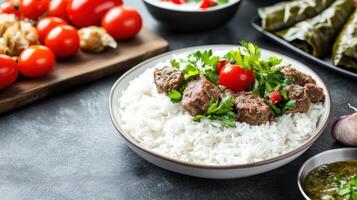 Rice with meat, parsley and tomatoes on a table with sauce, dolma, garlic, and mushrooms for dinner photo