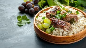 Rice with meat and grapes. Tasty and juicy food presented in wood plate on dark background photo