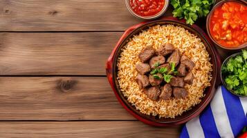 Rice with roasted meat served on a platter, accompanied by sauces on a wooden table, flat lay photo