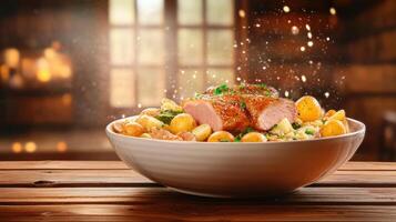 Roast duck with potato in bowl with herbs being seasoned on table, fire in background, for gastronomy photo