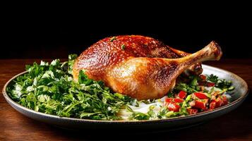 Roasted duck on plate with herbs and chopped salad elegant dinner, menu image photo