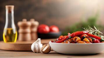 Roasted vegetables with herbs and spices in a bowl, cooking oil and tomatoes in background photo