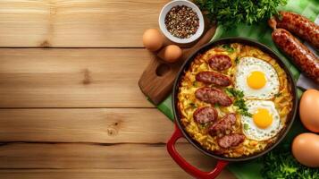 Rustic breakfast pan of hash browns, eggs, sausage served on wood table. Menu idea photo