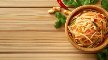 Salad close-up, noodles in a bowl, served on wooden table for recipe, menu, or food blog background photo