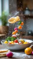 Salad of colorful tomatoes, herbs and pita chips falling into a bowl, home kitchen setting photo
