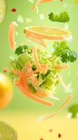 Salad toss Lettuce, carrots, lime flying on yellow-green background. Healthy diet for recipe, cooking ads photo