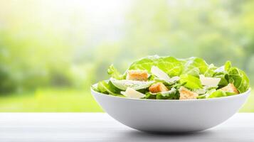 Salad with croutons and cheese in a white bowl on a table with a blurred green garden background photo