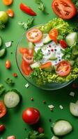 Salad with tomatoes and cucumbers being prepared on a green table for a light lunch photo