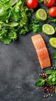 Salmon fillet with fresh vegetables and herbs for healthy eating in dark background, recipe usage photo