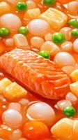 Salmon fillet with potatoes and peas in broth, for food blogs and recipe websites photo