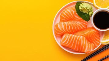 Salmon sashimi served with soy sauce, wasabi, and lemon slices on a plate against a bright orange background photo