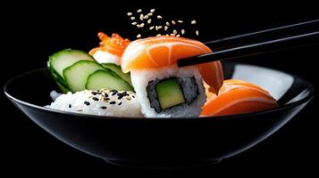 Salmon sushi roll held by chopsticks in a bowl with rice, cucumber, roe, sesame, on a black background photo