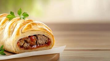 Sausage roll pastry with herbs on serving board blurred background can be used for menus photo
