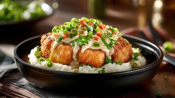Savory breaded dish on mashed potatoes, topped with herbs and vegetables. Possible food content photo