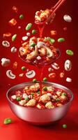 Savory chicken with mushrooms, peas, and red sauce being served. Red background. Food blog use photo