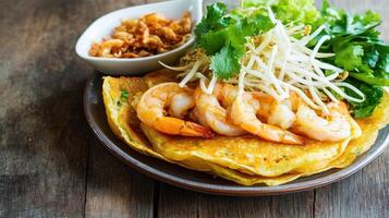 Savory crepe with shrimp and veggies on rustic wood table. Food background for menu and cookbook photo