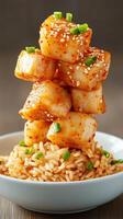 Scallops with rice stack presentation, healthy balanced diet, served in a white bowl photo