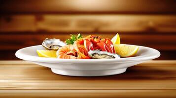 Seafood feast on a white plate, set on a wooden table, background for a menu item photo