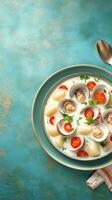 Seafood Chowder A close up of a bowl of hearty soup with tomatoes, and clams on a colorful backdrop photo