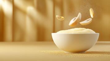 Semolina falling into a bowl on table, blurred backdrop, for use in culinary promotions photo