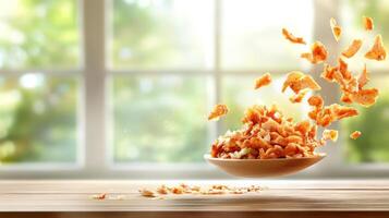 Shawarma falling from bowl on table with blurred garden in background. Possible food marketing image photo