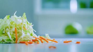 Shredded cabbage, carrots prepared on counter for cooking, eating near open refrigerator photo