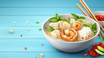 Shrimp and dumplings in noodle soup served on a table, garnished with herbs and chili slices photo
