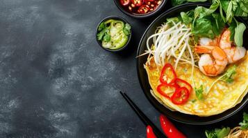 Shrimp and veggie crepe roll, served in a bowl. Gray background, for menu use photo