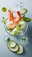 Shrimp and vegetables, refreshing salad, glass bowl, water splash. Menu, food blog, social media photo