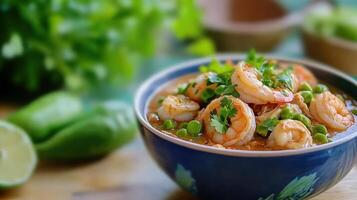 Shrimp curry in a bowl with cilantro garnish sits on a table with blurred veggies in background. Food blog use photo