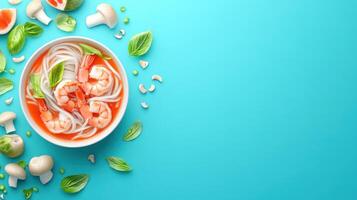 Shrimp noodle soup in bowl, with garnish. Overhead view. Culinary promorecipe. Space for text photo