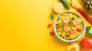 Shrimp, pineapple fried rice, top view, yellow surface, for advertising food, recipe blogs and diet plans photo