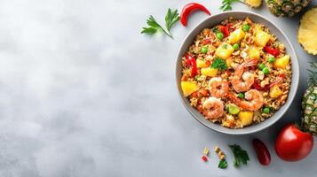 Shrimp pineapple fried rice with peas in bowl, overhead view on table, healthy Asian meal photo